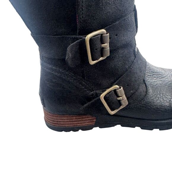 Sorel Women 7 38 Major Moto Fold Over Boot Suede Black Leather buckles Plaid - Picture 4 of 16